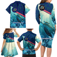 Montserrat Family Matching Long Sleeve Bodycon Dress and Hawaiian Shirt with Sea Turtle Illustration Blue Underwater Ocean Design - Wonder Print Shop
