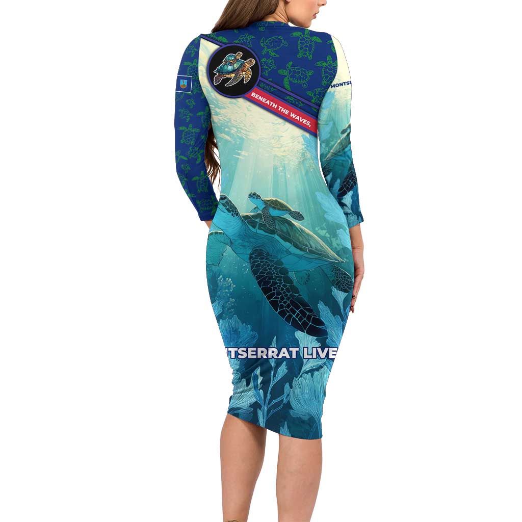 Montserrat Family Matching Long Sleeve Bodycon Dress and Hawaiian Shirt with Sea Turtle Illustration Blue Underwater Ocean Design - Wonder Print Shop