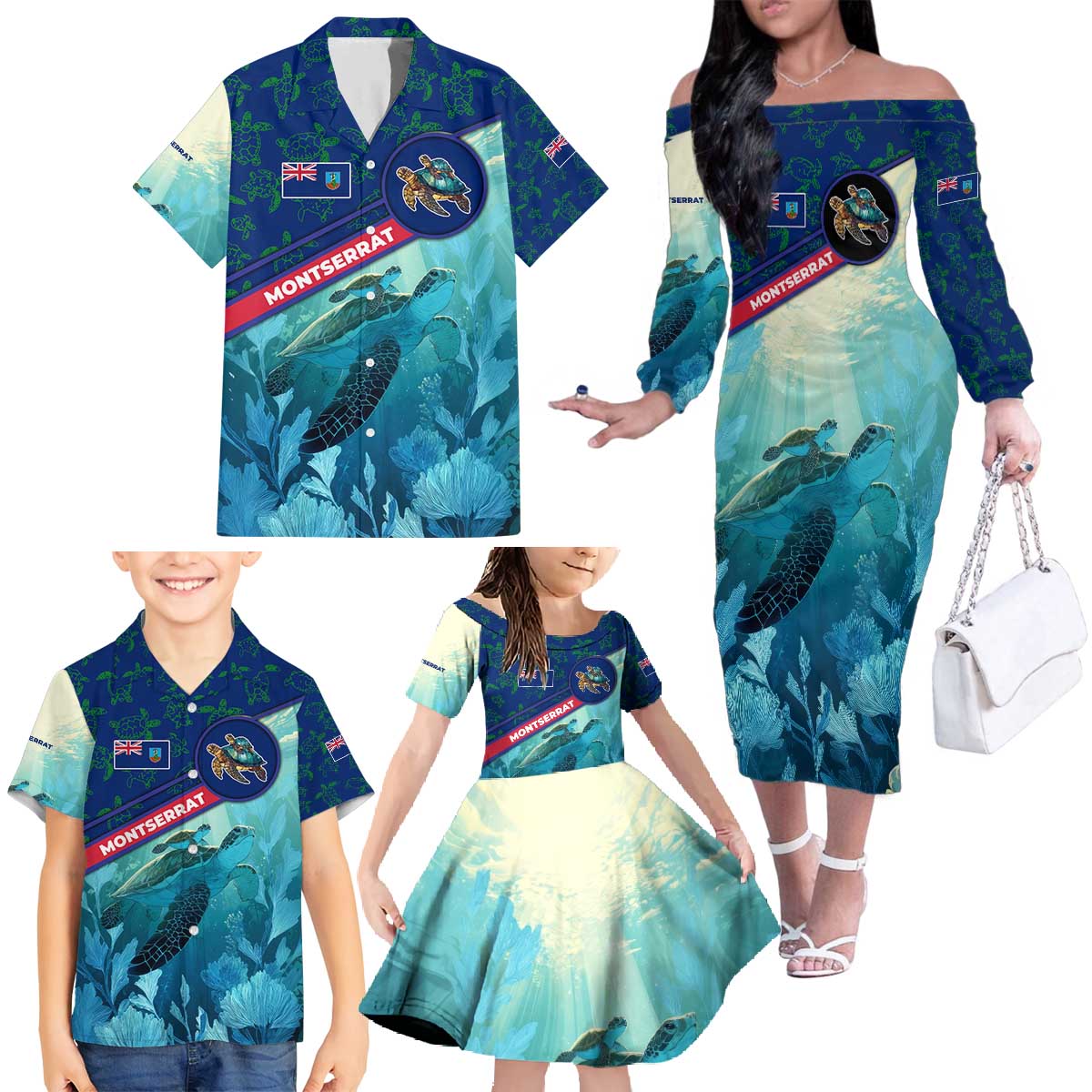 Montserrat Family Matching Off The Shoulder Long Sleeve Dress and Hawaiian Shirt with Sea Turtle Illustration Blue Underwater Ocean Design - Wonder Print Shop