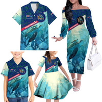 Montserrat Family Matching Off The Shoulder Long Sleeve Dress and Hawaiian Shirt with Sea Turtle Illustration Blue Underwater Ocean Design - Wonder Print Shop