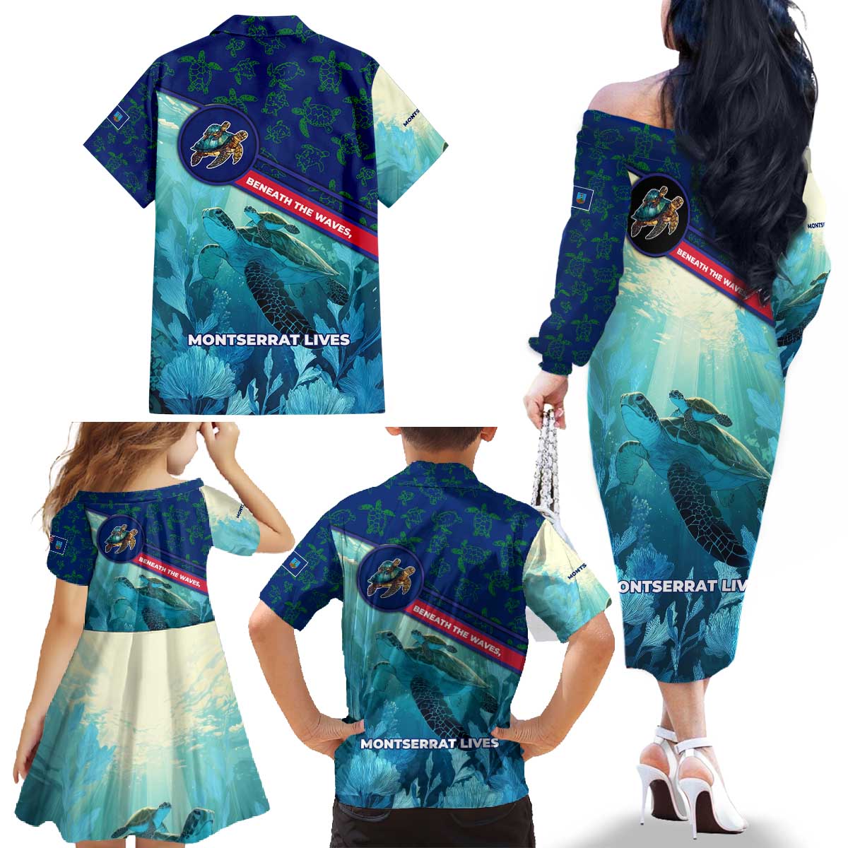 Montserrat Family Matching Off The Shoulder Long Sleeve Dress and Hawaiian Shirt with Sea Turtle Illustration Blue Underwater Ocean Design - Wonder Print Shop