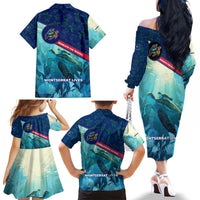 Montserrat Family Matching Off The Shoulder Long Sleeve Dress and Hawaiian Shirt with Sea Turtle Illustration Blue Underwater Ocean Design - Wonder Print Shop