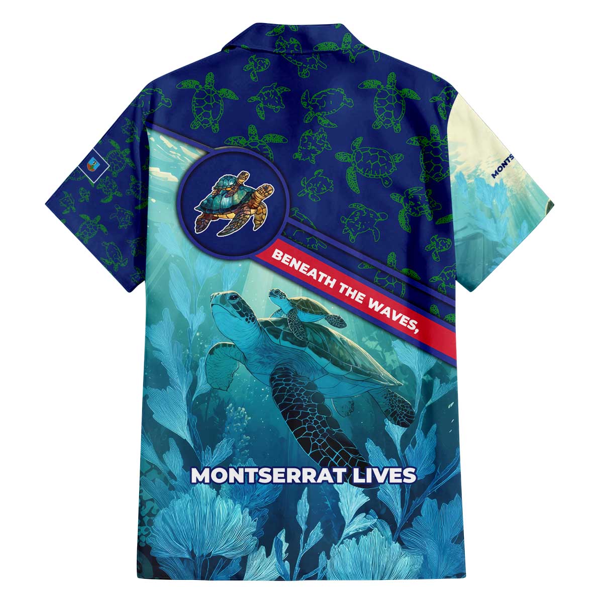 Montserrat Family Matching Off The Shoulder Long Sleeve Dress and Hawaiian Shirt with Sea Turtle Illustration Blue Underwater Ocean Design - Wonder Print Shop