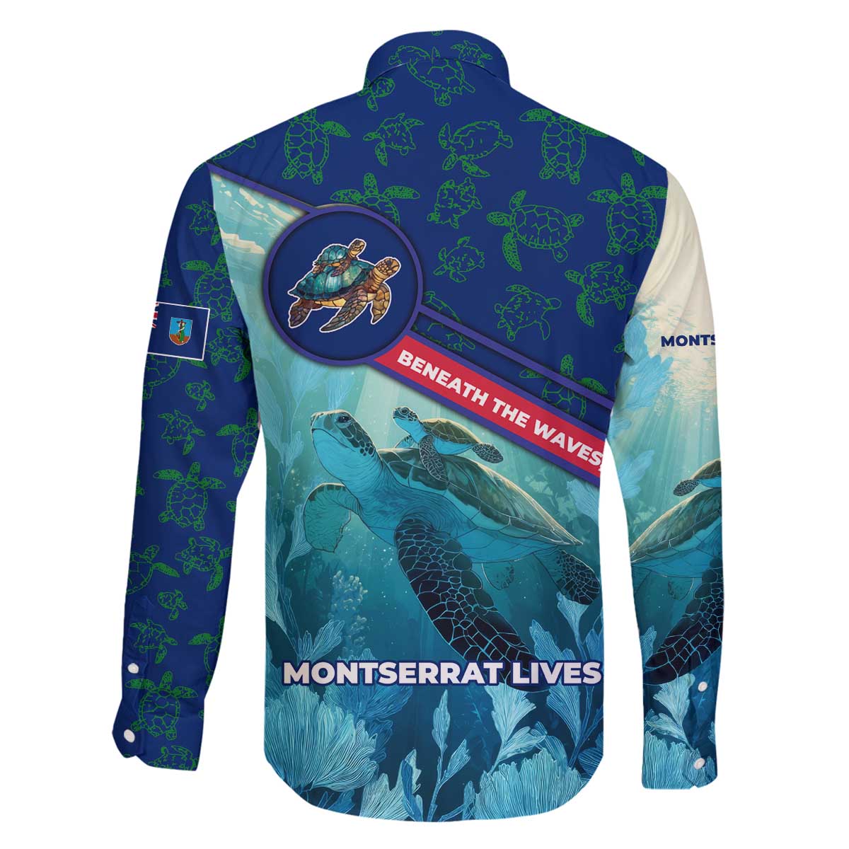 Montserrat Family Matching Off The Shoulder Long Sleeve Dress and Hawaiian Shirt with Sea Turtle Illustration Blue Underwater Ocean Design - Wonder Print Shop