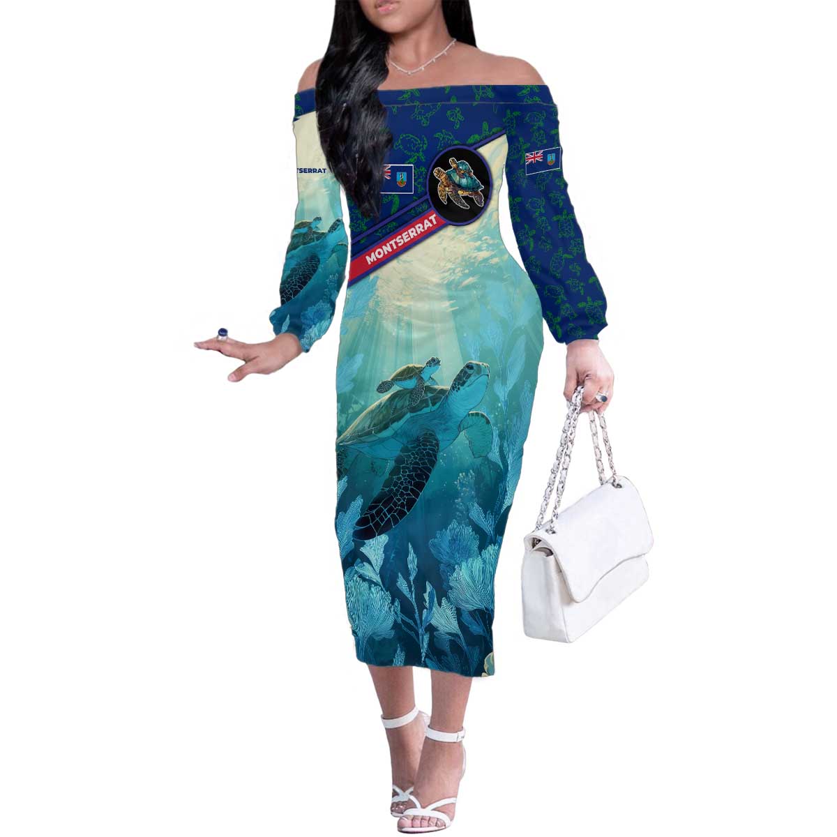 Montserrat Family Matching Off The Shoulder Long Sleeve Dress and Hawaiian Shirt with Sea Turtle Illustration Blue Underwater Ocean Design - Wonder Print Shop