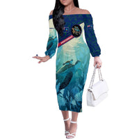 Montserrat Family Matching Off The Shoulder Long Sleeve Dress and Hawaiian Shirt with Sea Turtle Illustration Blue Underwater Ocean Design - Wonder Print Shop