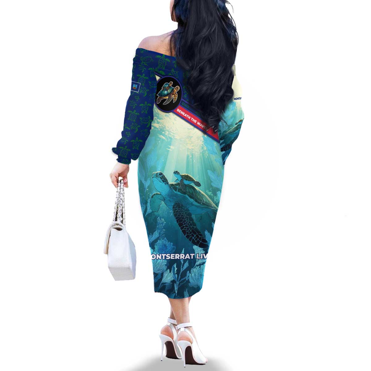 Montserrat Family Matching Off The Shoulder Long Sleeve Dress and Hawaiian Shirt with Sea Turtle Illustration Blue Underwater Ocean Design - Wonder Print Shop