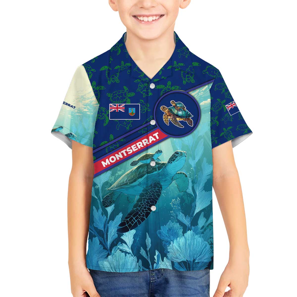 Montserrat Family Matching Off The Shoulder Long Sleeve Dress and Hawaiian Shirt with Sea Turtle Illustration Blue Underwater Ocean Design - Wonder Print Shop