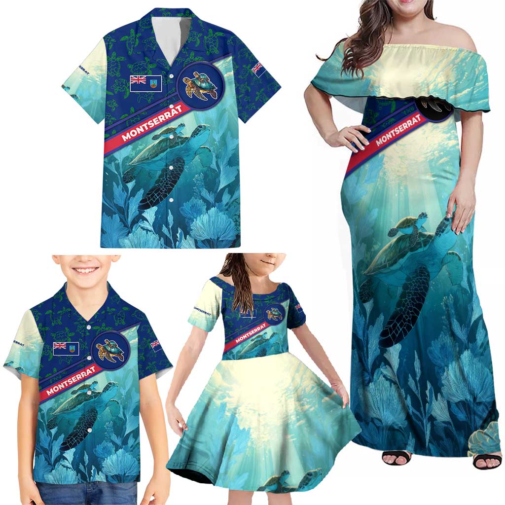 Montserrat Family Matching Off Shoulder Maxi Dress and Hawaiian Shirt with Sea Turtle Illustration Blue Underwater Ocean Design - Wonder Print Shop