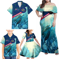 Montserrat Family Matching Off Shoulder Maxi Dress and Hawaiian Shirt with Sea Turtle Illustration Blue Underwater Ocean Design - Wonder Print Shop
