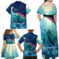 Montserrat Family Matching Off Shoulder Maxi Dress and Hawaiian Shirt with Sea Turtle Illustration Blue Underwater Ocean Design - Wonder Print Shop