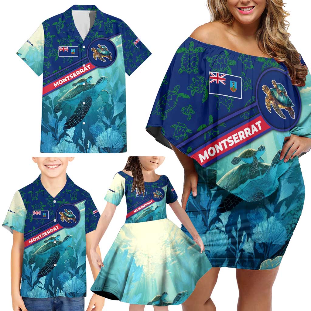 Montserrat Family Matching Off Shoulder Short Dress and Hawaiian Shirt with Sea Turtle Illustration Blue Underwater Ocean Design - Wonder Print Shop