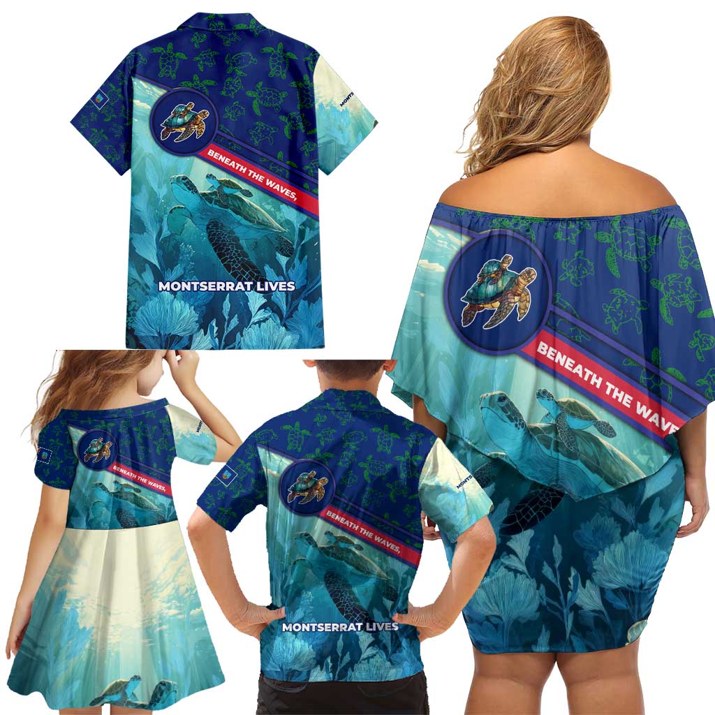 Montserrat Family Matching Off Shoulder Short Dress and Hawaiian Shirt with Sea Turtle Illustration Blue Underwater Ocean Design - Wonder Print Shop