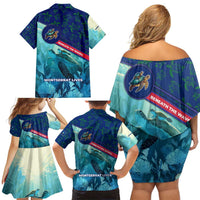 Montserrat Family Matching Off Shoulder Short Dress and Hawaiian Shirt with Sea Turtle Illustration Blue Underwater Ocean Design - Wonder Print Shop