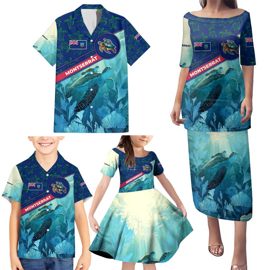 Montserrat Family Matching Puletasi and Hawaiian Shirt with Sea Turtle Illustration Blue Underwater Ocean Design - Wonder Print Shop