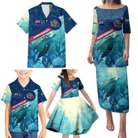 Montserrat Family Matching Puletasi and Hawaiian Shirt with Sea Turtle Illustration Blue Underwater Ocean Design - Wonder Print Shop