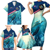 Montserrat Family Matching Short Sleeve Bodycon Dress and Hawaiian Shirt with Sea Turtle Illustration Blue Underwater Ocean Design - Wonder Print Shop