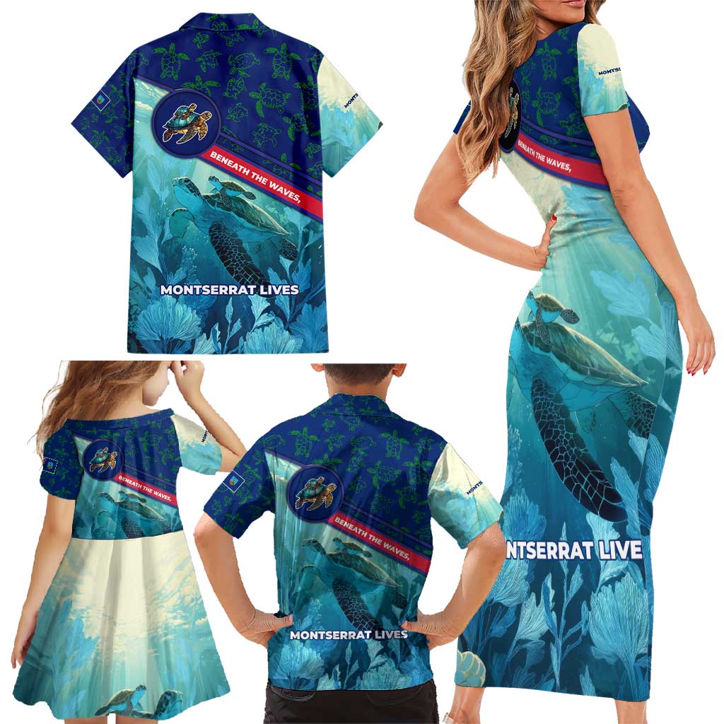 Montserrat Family Matching Short Sleeve Bodycon Dress and Hawaiian Shirt with Sea Turtle Illustration Blue Underwater Ocean Design - Wonder Print Shop