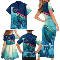 Montserrat Family Matching Short Sleeve Bodycon Dress and Hawaiian Shirt with Sea Turtle Illustration Blue Underwater Ocean Design - Wonder Print Shop