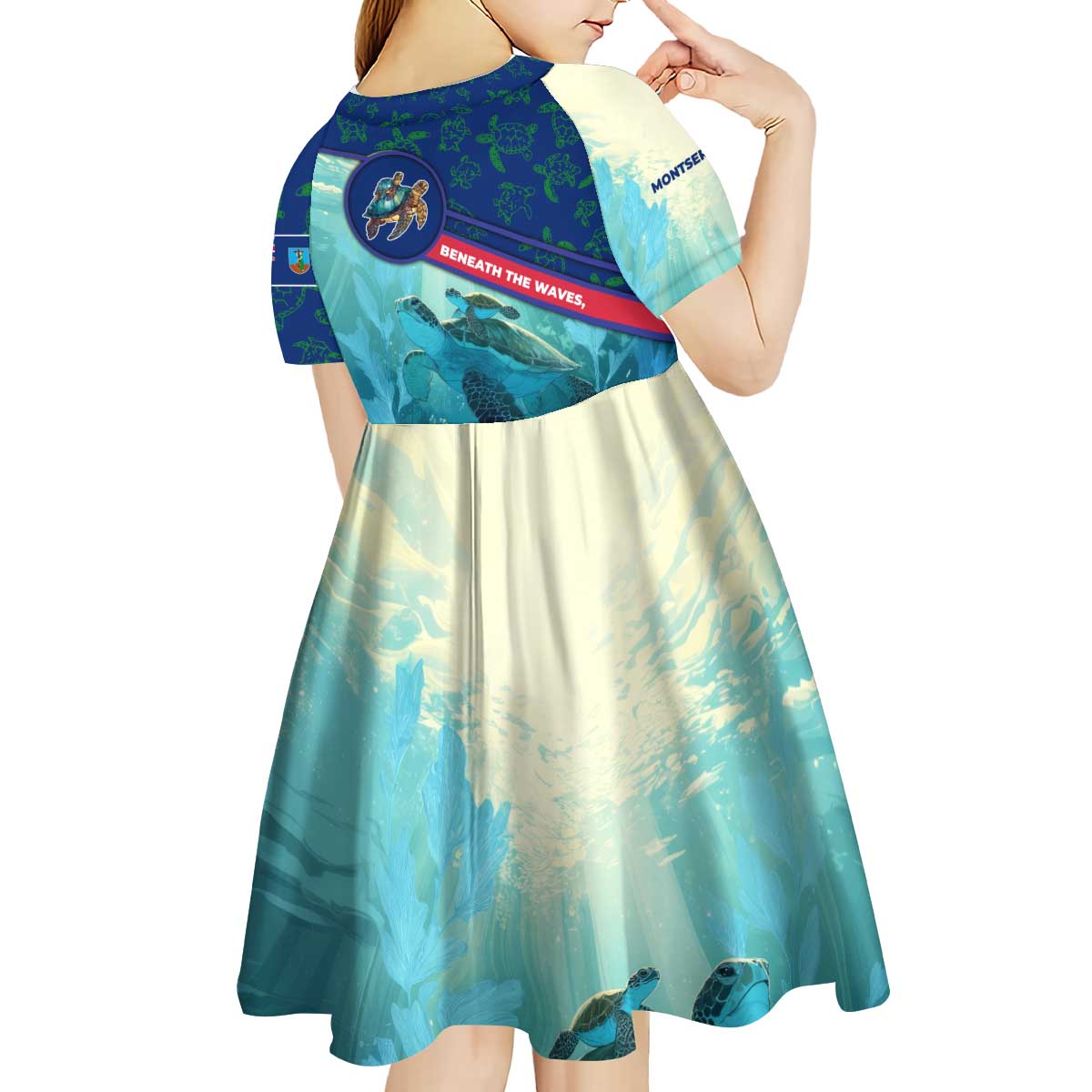 Montserrat Kid Short Sleeve Dress with Sea Turtle Illustration Blue Underwater Ocean Design - Wonder Print Shop