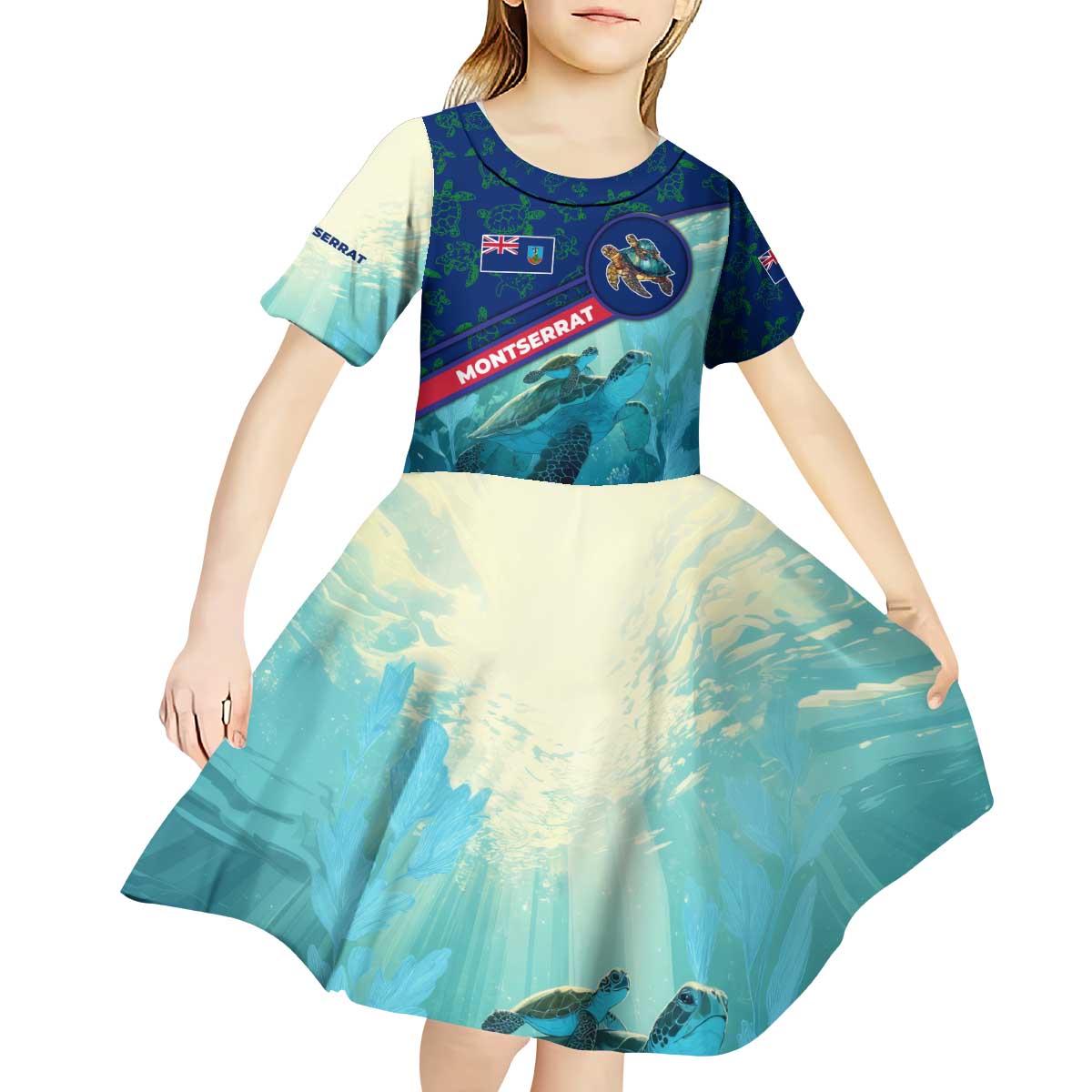 Montserrat Kid Short Sleeve Dress with Sea Turtle Illustration Blue Underwater Ocean Design - Wonder Print Shop