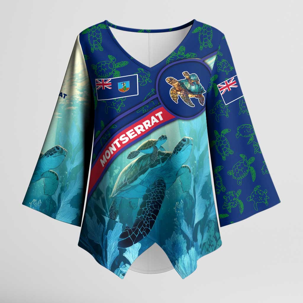 Montserrat Kimono Sleeve Blouse with Sea Turtle Illustration Blue Underwater Ocean Design - Wonder Print Shop
