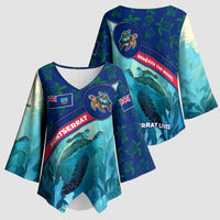 Montserrat Kimono Sleeve Blouse with Sea Turtle Illustration Blue Underwater Ocean Design - Wonder Print Shop