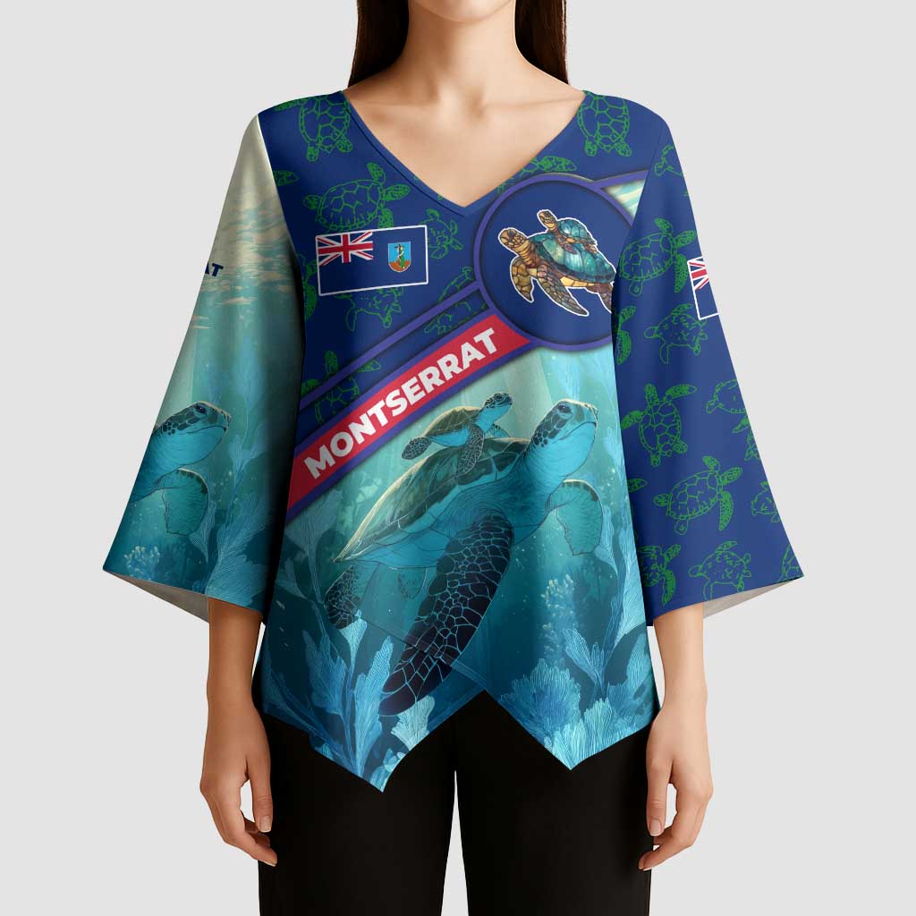 Montserrat Kimono Sleeve Blouse with Sea Turtle Illustration Blue Underwater Ocean Design - Wonder Print Shop