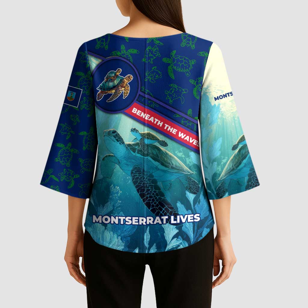 Montserrat Kimono Sleeve Blouse with Sea Turtle Illustration Blue Underwater Ocean Design - Wonder Print Shop