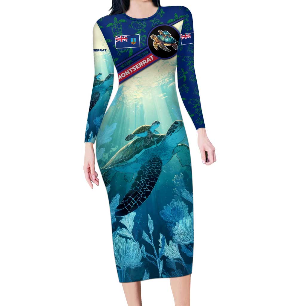 Montserrat Long Sleeve Bodycon Dress with Sea Turtle Illustration Blue Underwater Ocean Design - Wonder Print Shop