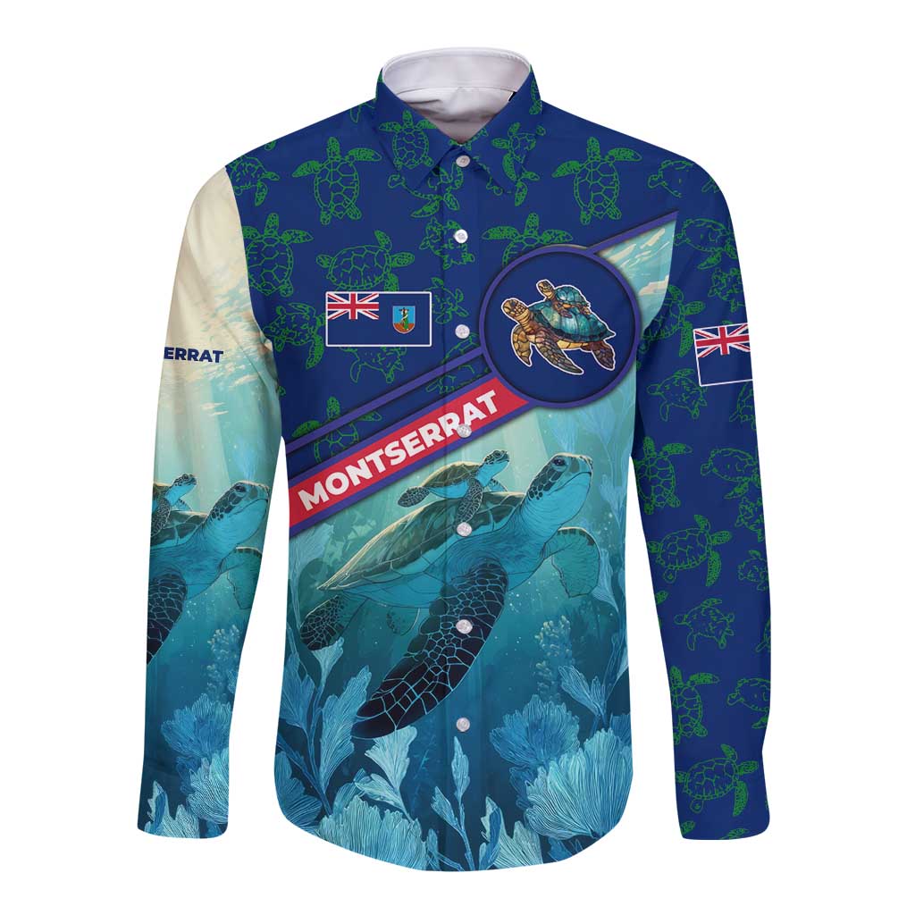 Montserrat Long Sleeve Button Shirt with Sea Turtle Illustration Blue Underwater Ocean Design - Wonder Print Shop