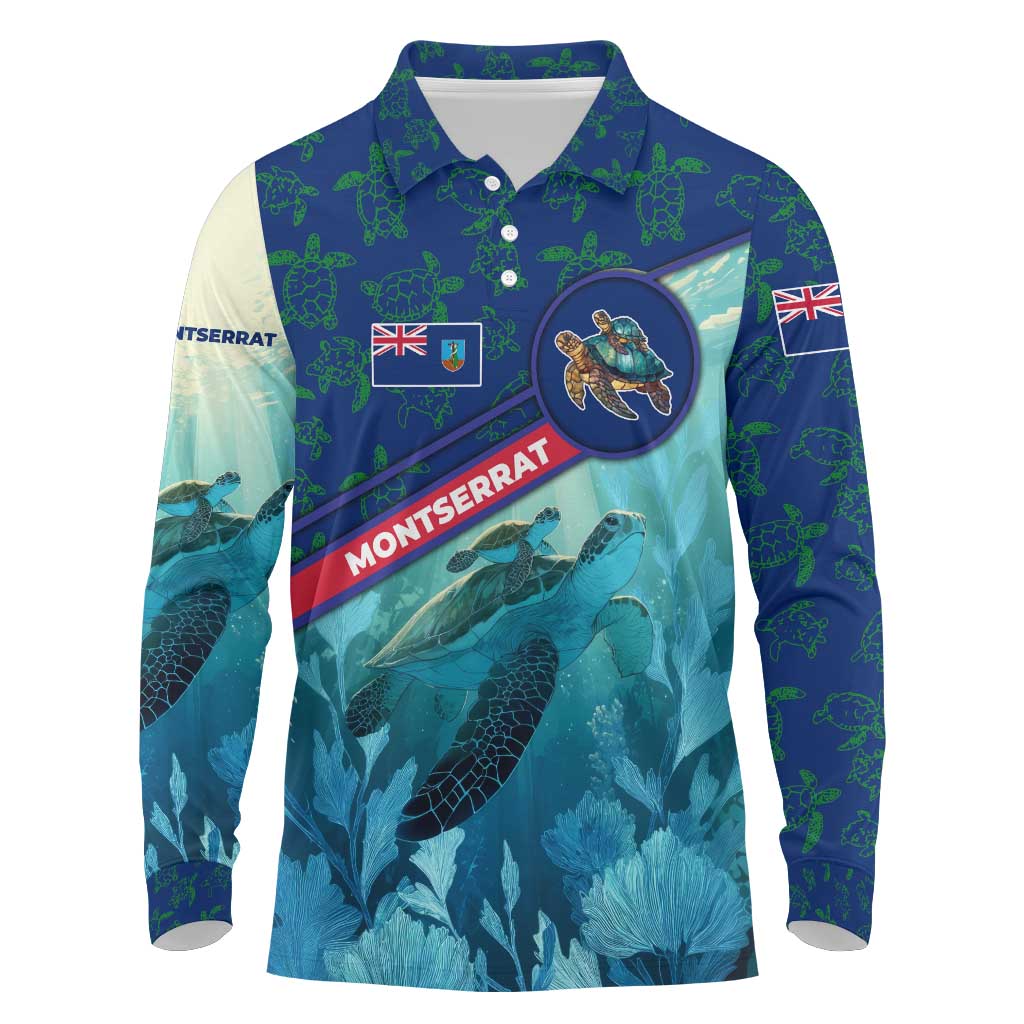 Montserrat Long Sleeve Polo Shirt with Sea Turtle Illustration Blue Underwater Ocean Design - Wonder Print Shop