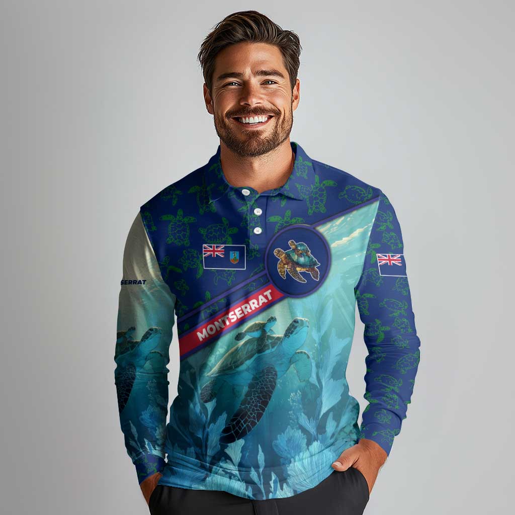 Montserrat Long Sleeve Polo Shirt with Sea Turtle Illustration Blue Underwater Ocean Design - Wonder Print Shop