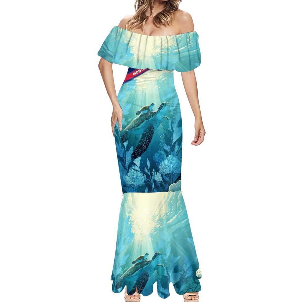 Montserrat Mermaid Dress with Sea Turtle Illustration Blue Underwater Ocean Design - Wonder Print Shop