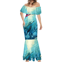Montserrat Mermaid Dress with Sea Turtle Illustration Blue Underwater Ocean Design - Wonder Print Shop