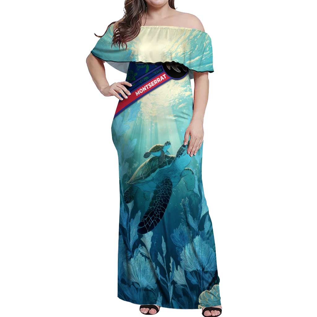 Montserrat Off Shoulder Maxi Dress with Sea Turtle Illustration Blue Underwater Ocean Design - Wonder Print Shop