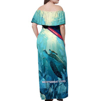 Montserrat Off Shoulder Maxi Dress with Sea Turtle Illustration Blue Underwater Ocean Design - Wonder Print Shop