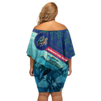 Montserrat Off Shoulder Short Dress with Sea Turtle Illustration Blue Underwater Ocean Design - Wonder Print Shop