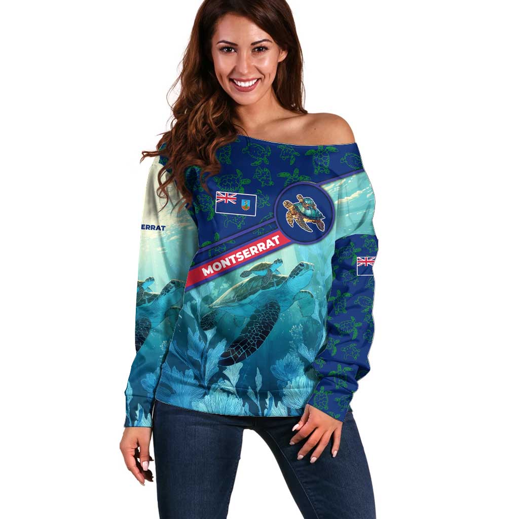 Montserrat Off Shoulder Sweater with Sea Turtle Illustration Blue Underwater Ocean Design - Wonder Print Shop
