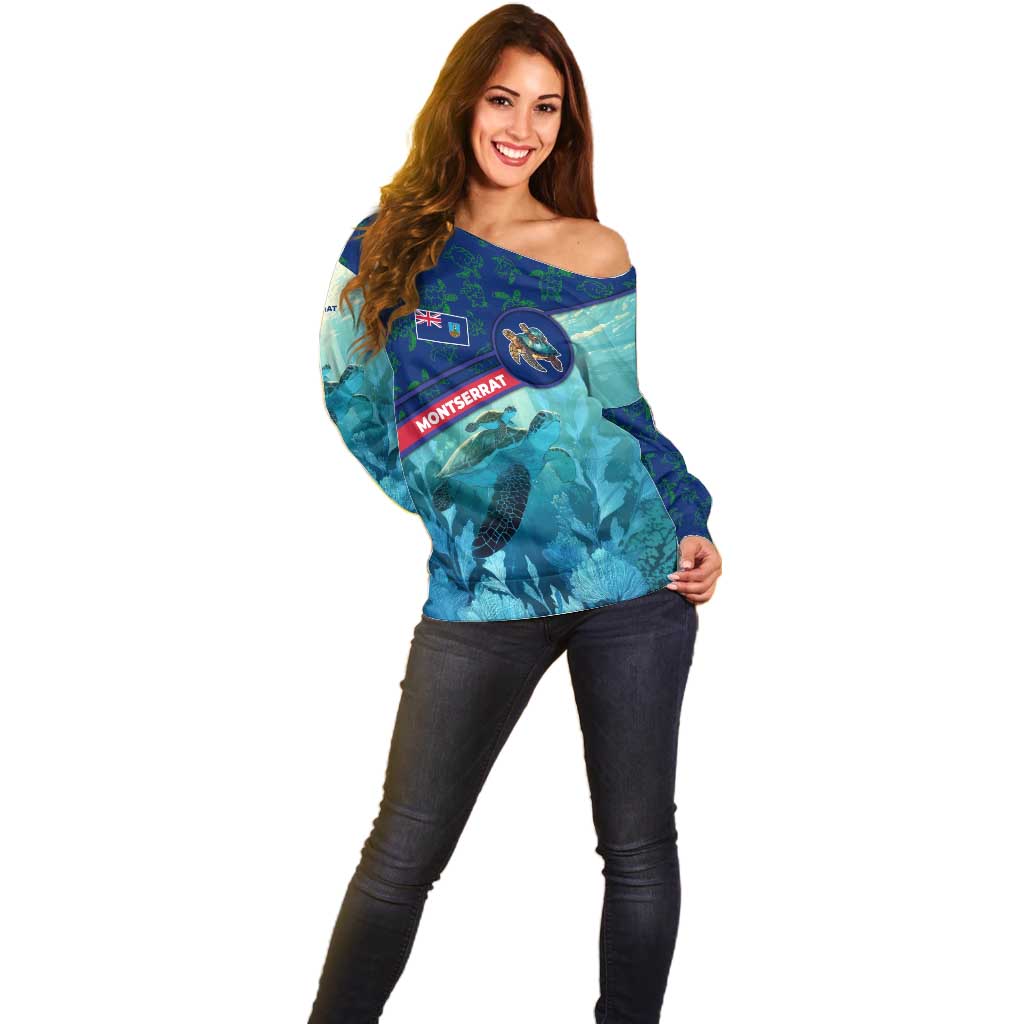 Montserrat Off Shoulder Sweater with Sea Turtle Illustration Blue Underwater Ocean Design - Wonder Print Shop