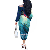 Montserrat Off The Shoulder Long Sleeve Dress with Sea Turtle Illustration Blue Underwater Ocean Design - Wonder Print Shop