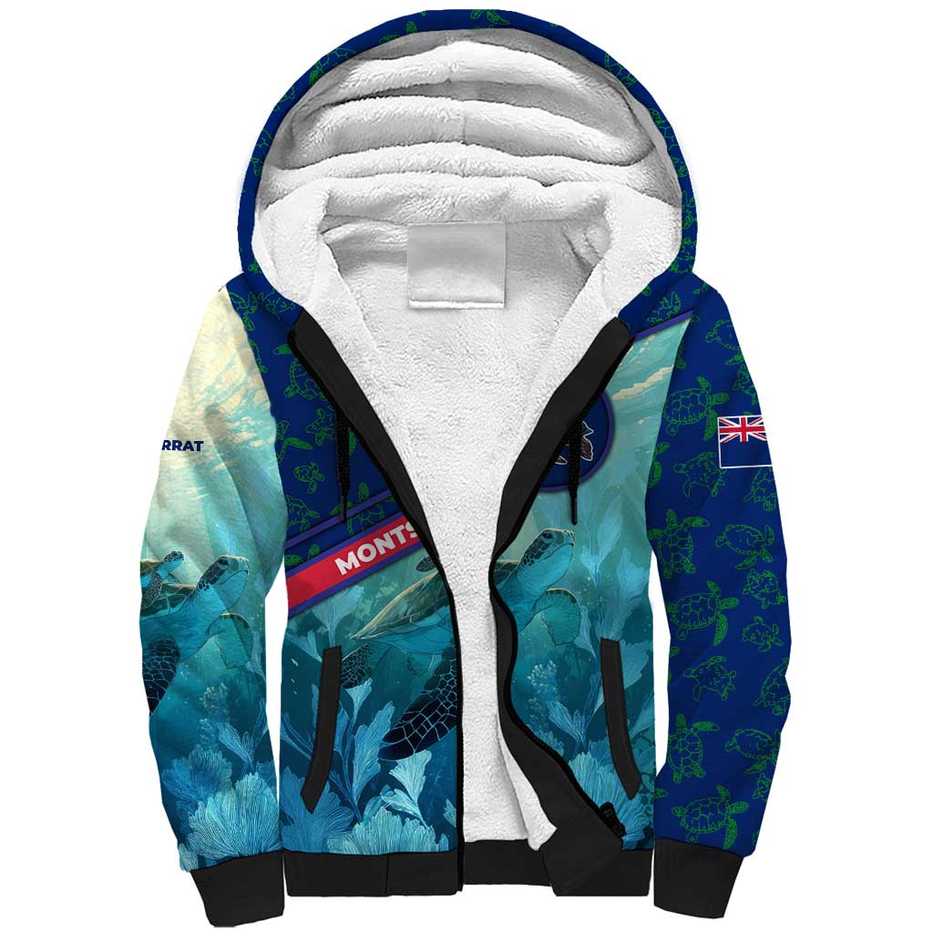 Montserrat Sherpa Hoodie with Sea Turtle Illustration Blue Underwater Ocean Design - Wonder Print Shop