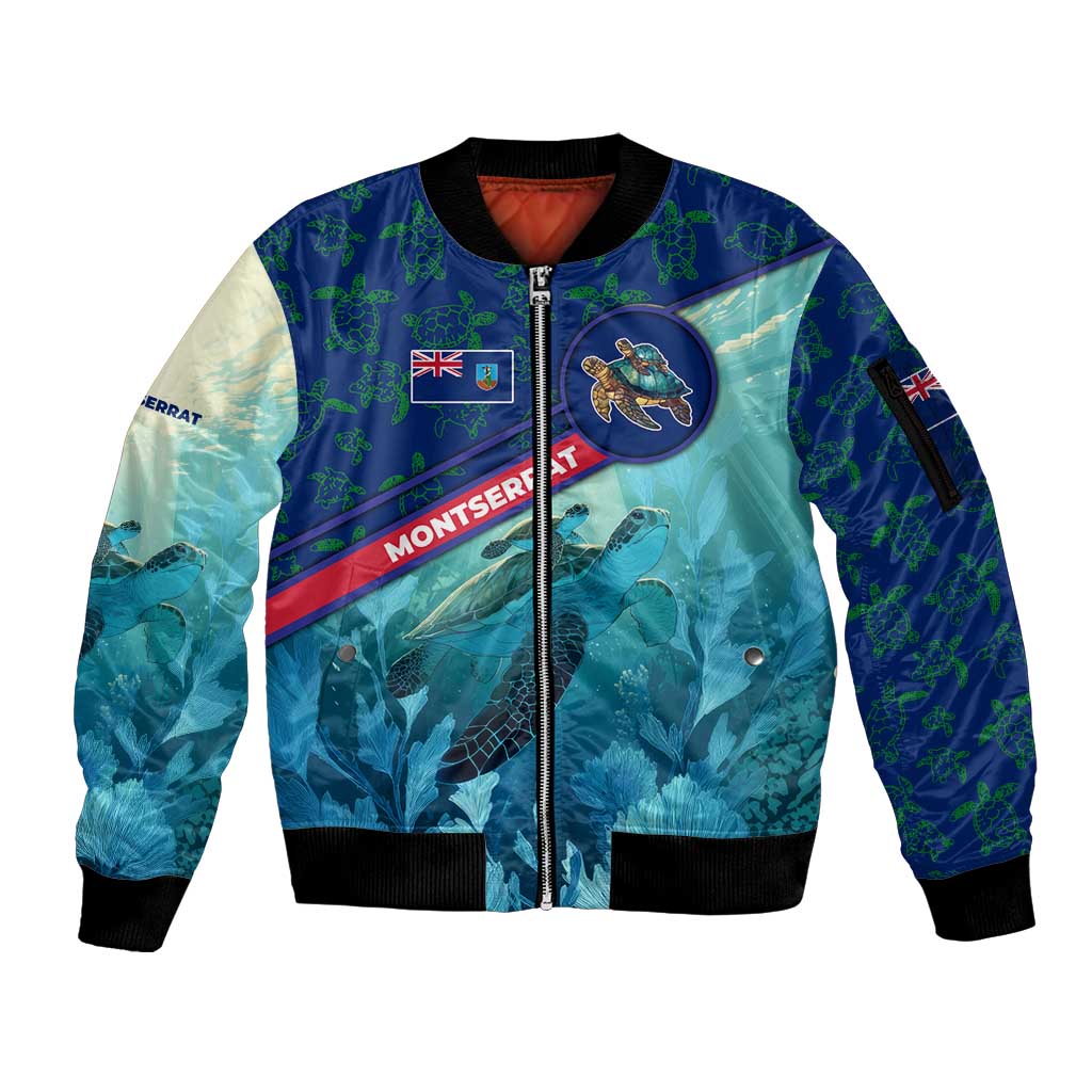 Montserrat Sleeve Zip Bomber Jacket with Sea Turtle Illustration Blue Underwater Ocean Design - Wonder Print Shop
