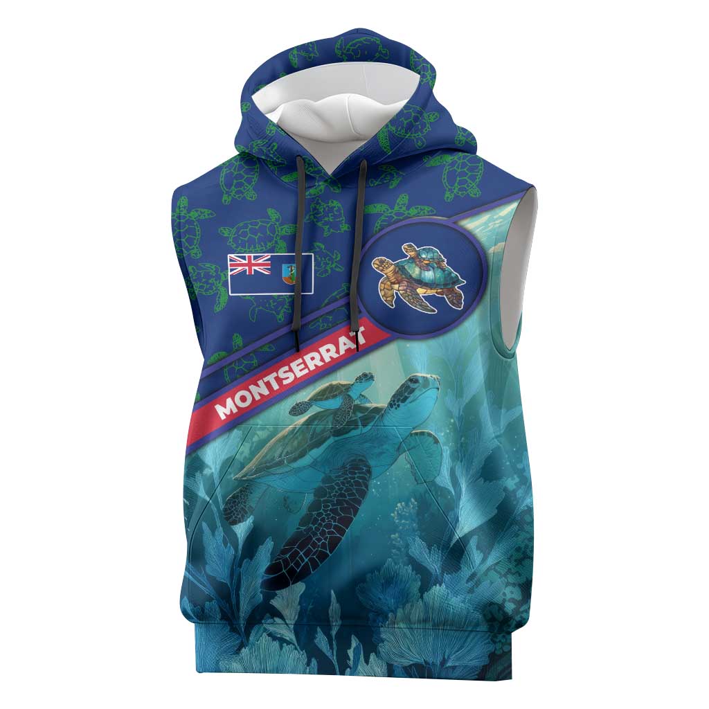 Montserrat Sleeveless Hoodie with Sea Turtle Illustration Blue Underwater Ocean Design - Wonder Print Shop