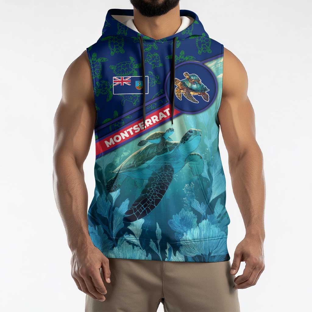 Montserrat Sleeveless Hoodie with Sea Turtle Illustration Blue Underwater Ocean Design - Wonder Print Shop