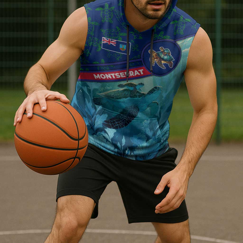 Montserrat Sleeveless Hoodie with Sea Turtle Illustration Blue Underwater Ocean Design - Wonder Print Shop