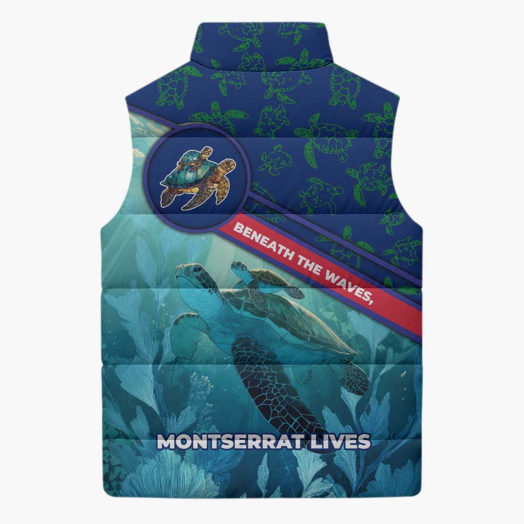 Montserrat Sleeveless Puffer Jacket with Sea Turtle Illustration Blue Underwater Ocean Design - Wonder Print Shop