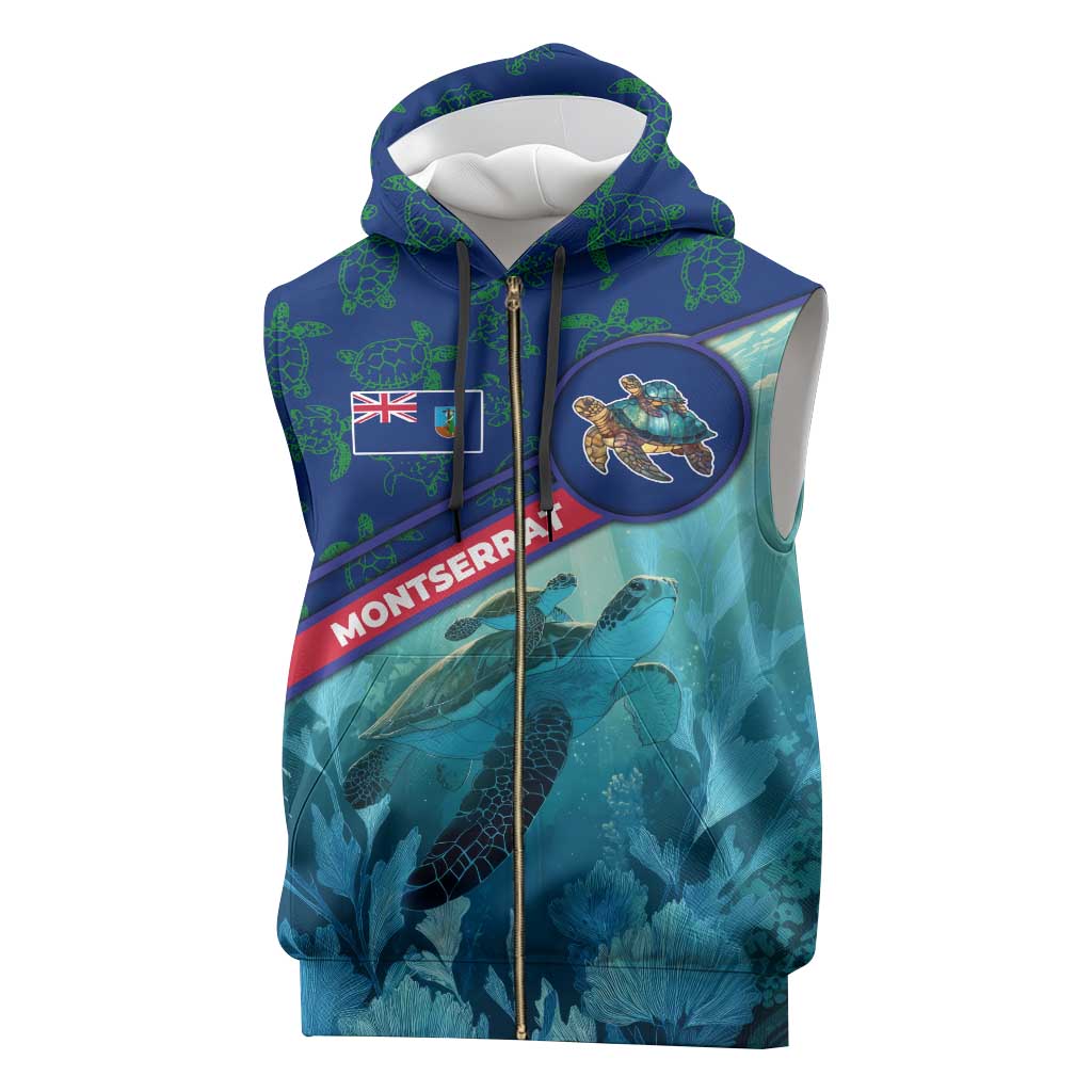 Montserrat Sleeveless Zip Hoodie with Sea Turtle Illustration Blue Underwater Ocean Design - Wonder Print Shop