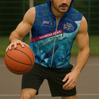 Montserrat Sleeveless Zip Hoodie with Sea Turtle Illustration Blue Underwater Ocean Design - Wonder Print Shop