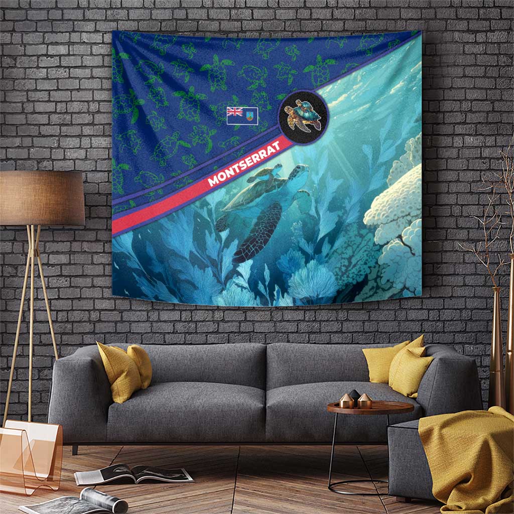 Montserrat Tapestry with Sea Turtle Illustration Blue Underwater Ocean Design - Wonder Print Shop